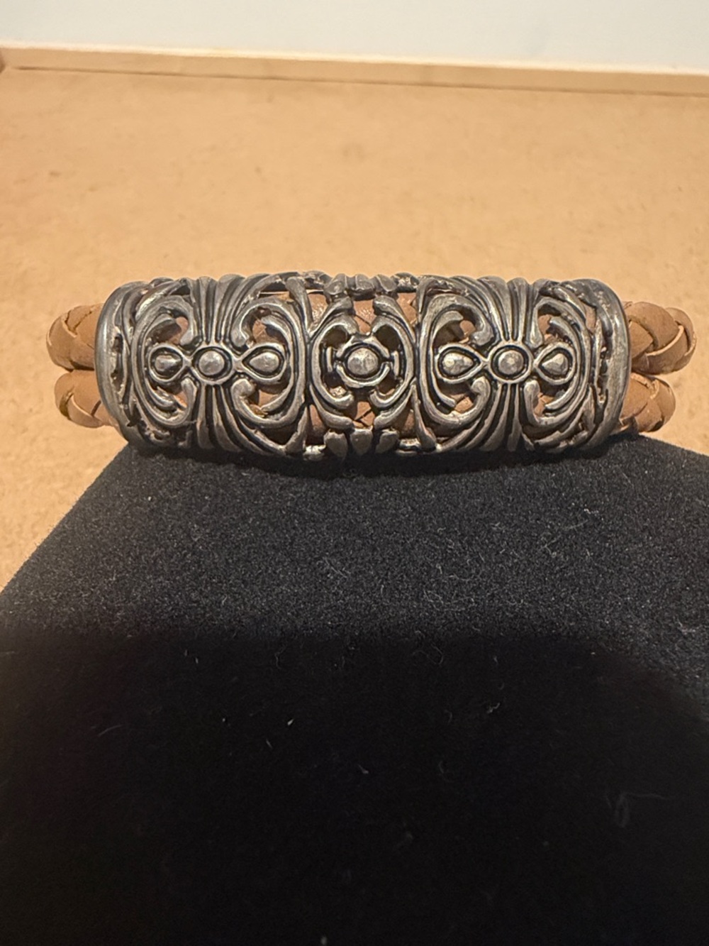 Braided Tan Leather Bracelet with Ornate Real Sterling Silver - Picture 2 of 7